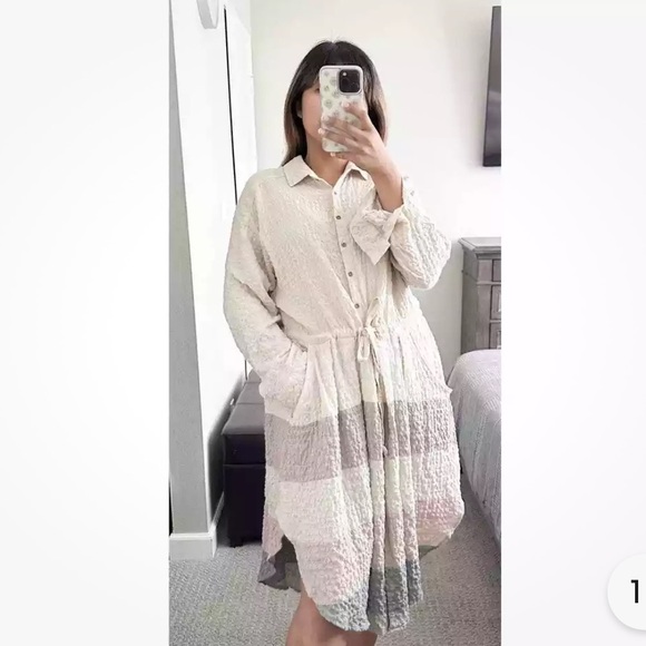 Free People Cream Brown Striped Shirt Tunic Dress Drawstring Waist small cottage - Picture 5 of 7